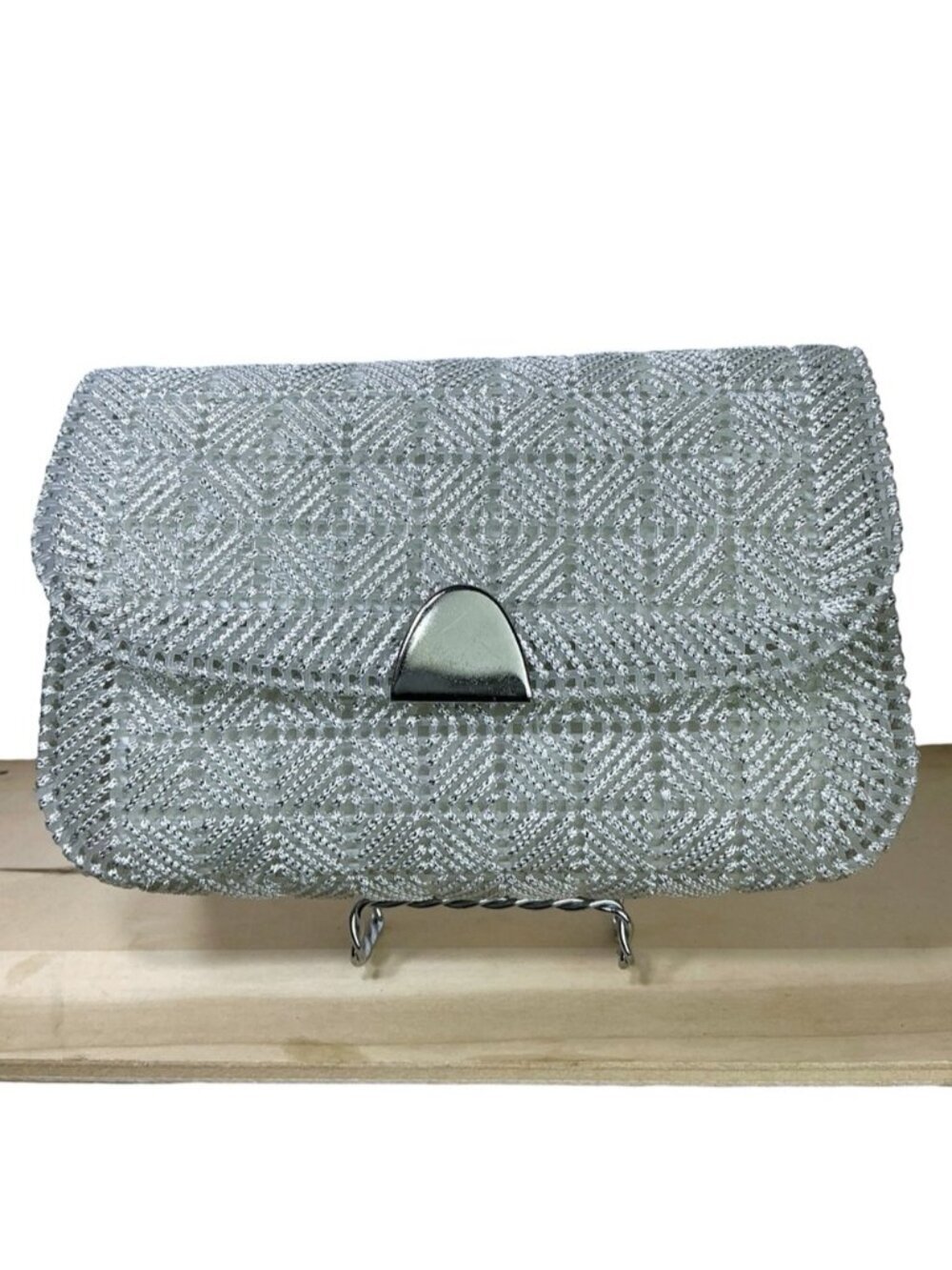 Silver Sparkly Evening Bag Clutch Reflective Metallic Flap Closure Vintage 90’s